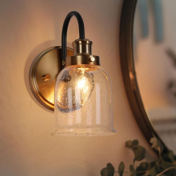 Walnute Modern 1-Light Seeded Glass Brass Gold Wall Sconce, Black Bell Bathroom Vanity Light Transitional Wall Lighting