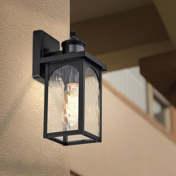 12 in. 1-Light Black Motion Sensing Dusk to Dawn Outdoor Hardwired Wall Lantern Sconce w/ Water Wave Clear Glass 2-Pack