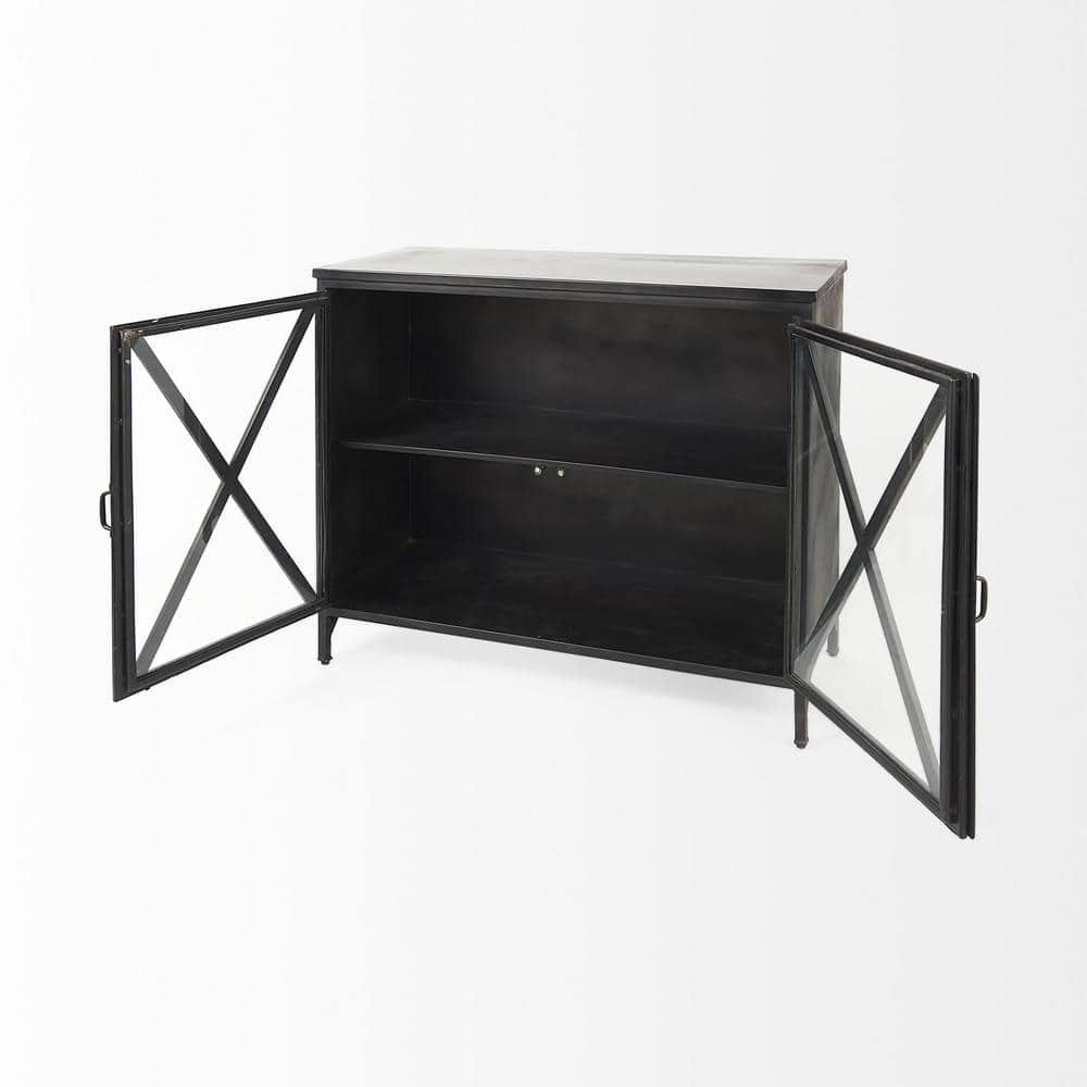 Poppy Black Iron Glass Paneled Distressed Sideboard with Storage