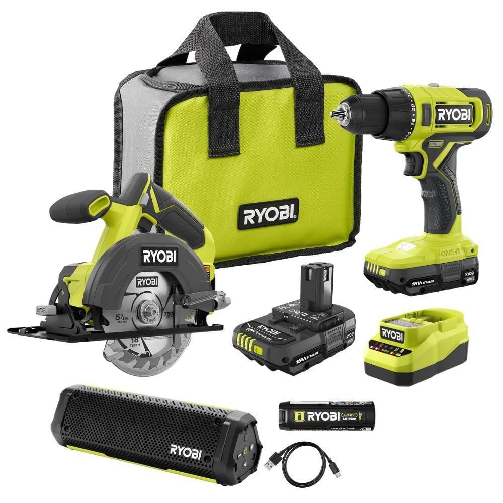 Ryobi ONE+ 18V Cordless 2-Tool Combo Kit w/ Drill, Circular Saw, (2) Batteries, Charger w/ USB Lithium Bluetooth Speaker Kit