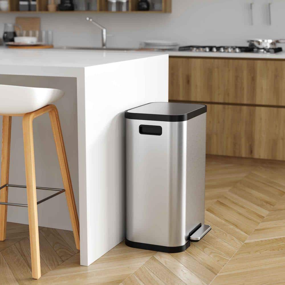 Fingerprint Resistant Brushed Silver Stainless Steel 13 Gallon Trash Can