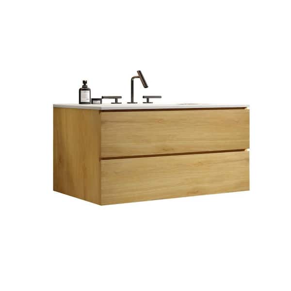 36 in. W Single Sink Floating Oak Bath Vanity with White Ceramic Top