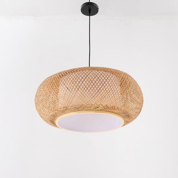 OUKANING 23.6 in. 1-Light Vintage Bamboo Rattan Lantern Pendant