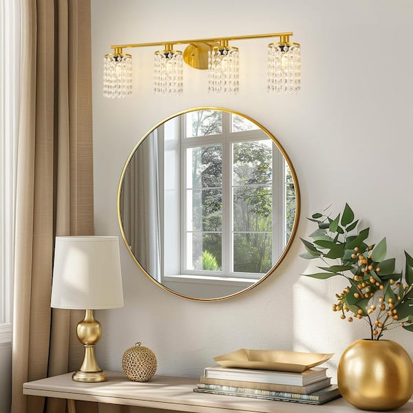 32 in. 4-Light Gold Crystal Vanity Light, Modern Bathroom Wall Sconce Over Mirror for Bathroom and Kitchen