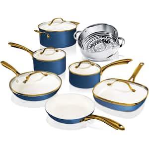 Natural Collection 12-Piece Aluminum Ultra Performance Ceramic Nonstick Cookware Set in Navy with Gold Handles