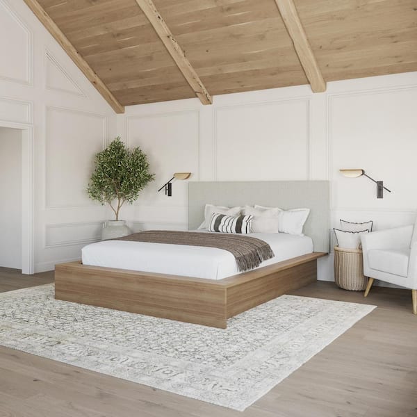 Nexera Bardot Brown Oak Frame Queen Size Platform Bed with Gray Upholstered Headboard