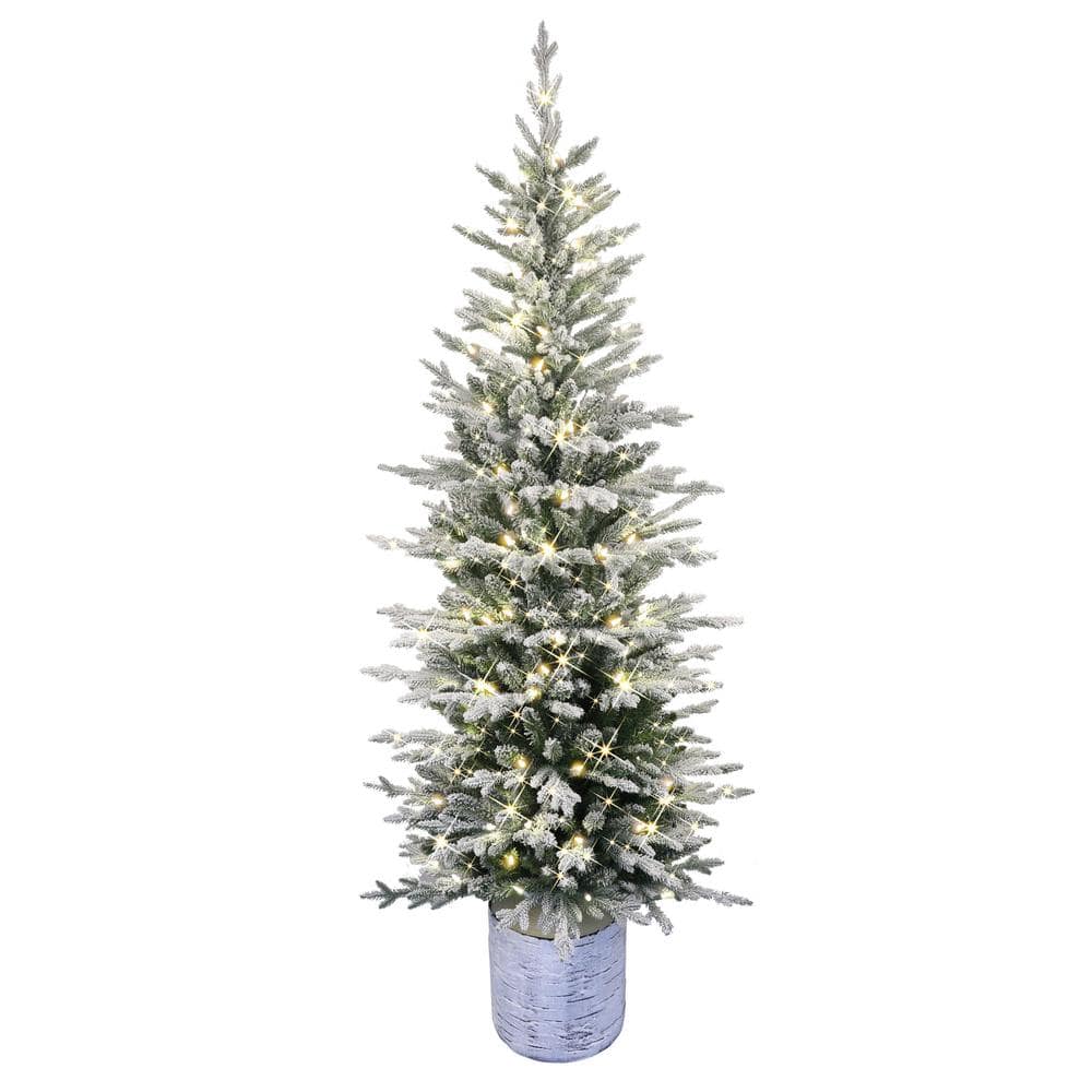 Puleo International 6 ft. PreLit Potted Flocked Arctic Fir Pencil Artificial Christmas Tree