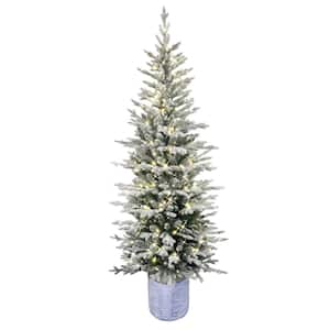 6 ft. PreLit Potted Flocked Arctic Fir Pencil Artificial Christmas Tree