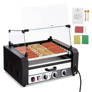 9 Rollers Hot Dog Roller 24 Sausage Capacity Grill Machine in Stainless Steel with Warming Drawer & Glass Hood Cover