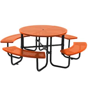 46 in. Orange Round Outdoor Steel Picnic Table Seats 8-People with Umbrella Hole