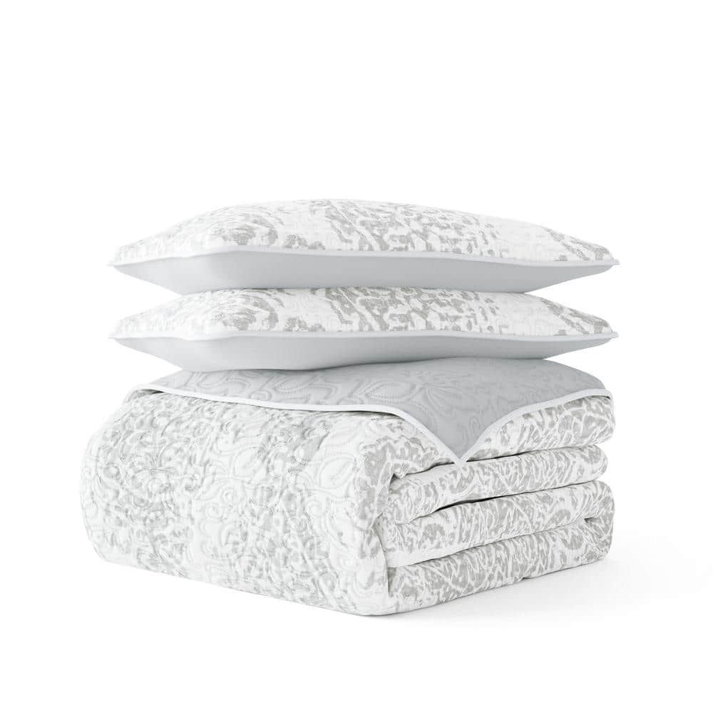 Light Gray Twin Reversible Microfiber Quilt Set with Shams