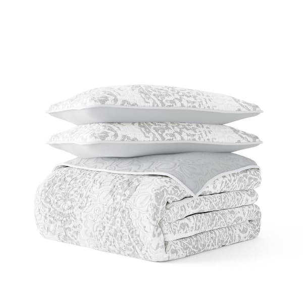 Becky Cameron All Season 3-Pcs Distressed Damask Reversible Microfiber Quilt Set with Shams