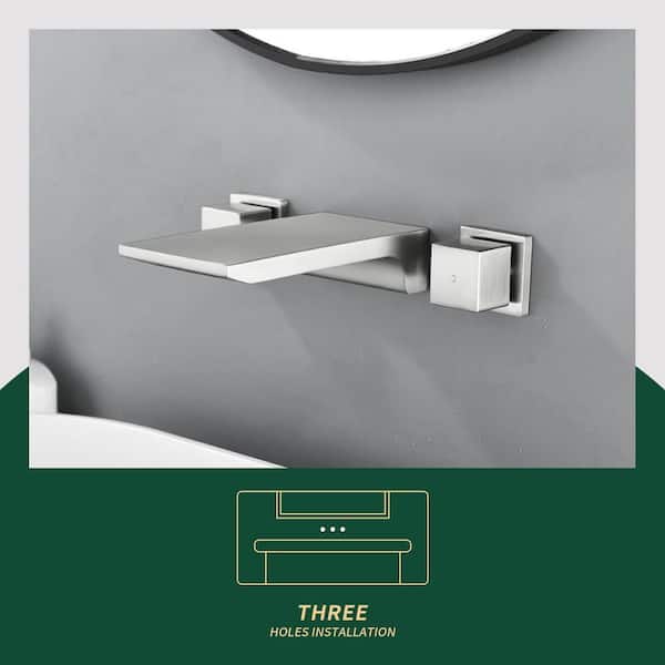 Double-Handle Rectangular Waterfall Wall Mounted Bathroom Faucet in Brushed Nickel