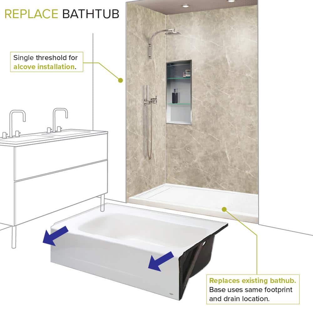 White 60'' x 30'' Rectangular Shower Base with Right Drain