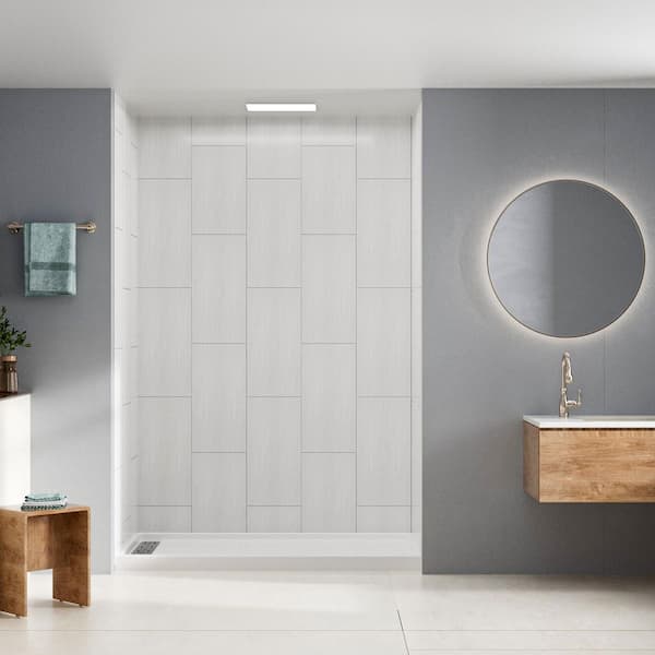 32 in. W x 60 in. L x 96 in. H 4-Pieces Alcove SMC Shower Kit with Surround and Base in Striped Bricks Center Drain