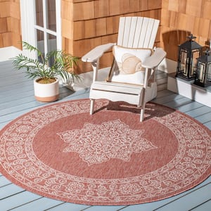Courtyard Rust/Ivory 5 ft. x 5 ft. Border Medallion Indoor/Outdoor Patio  Round Area Rug