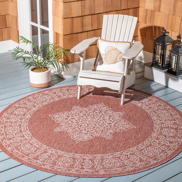 Courtyard Rust/Ivory 7 ft. x 7 ft. Round Medallion Indoor/Outdoor Patio  Area Rug