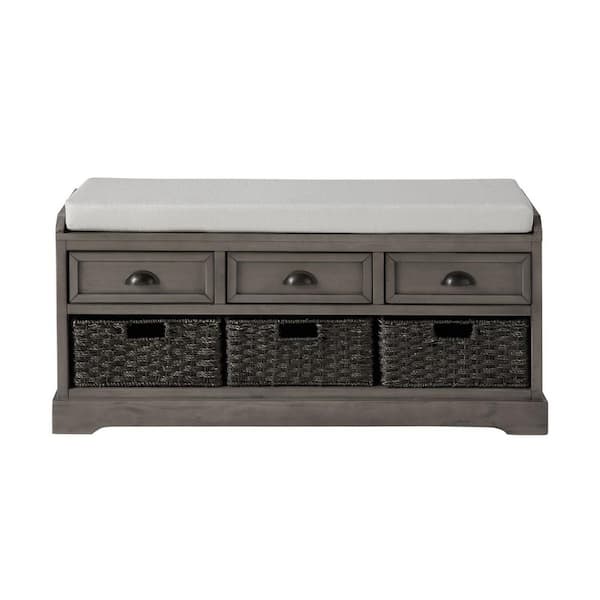 Huluwat Gray Homes Collection Wood Storage Bench with 3-Drawers and 3-Baskets(20.2 in. H x 44 in. W x 13.7 in. D)