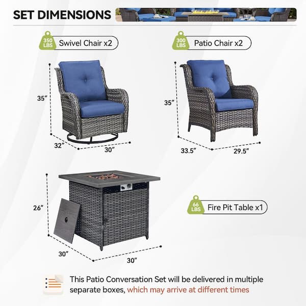 Arcline 5-Piece Gray Wicker Fire Pit Conversation Set with Olefin Blue Cushions and Swivel Glider and Lounge Chairs