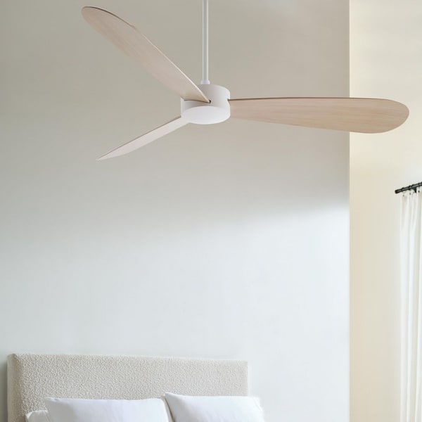 Fan Paddle Smart 60 in. Indoor/Outdoor Matte White Standard Downrod Mount Ceiling Fan with Remote and White Oak Blades