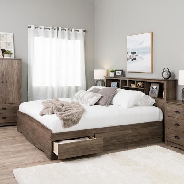 Prepac Salt Spring Drifted Gray King, King Bed Frame With Headboard Bookcase