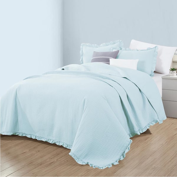 FRESHFOLDS Blue Solid Detailed Full/Queen Microfiber 3-Piece Quilt Set Bedspread