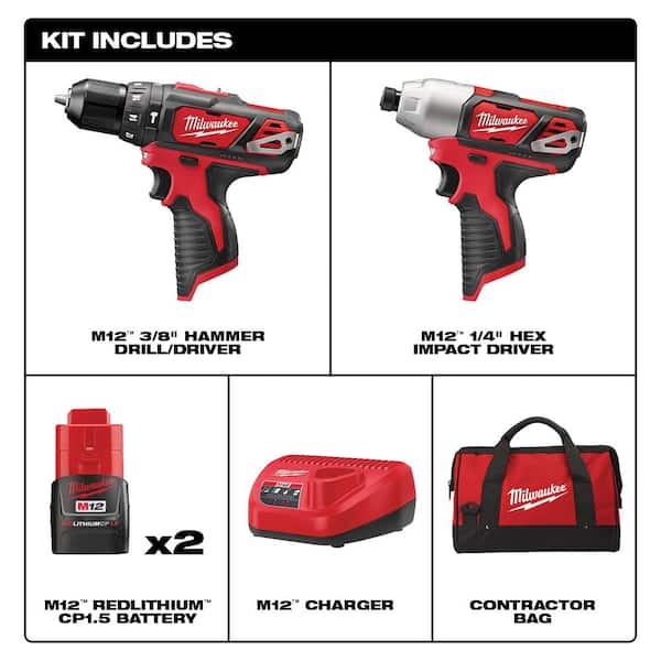 Milwaukee M12 12V Lithium-Ion Cordless 3/8 in. Drill/Driver Kit with Two  1.5 Ah Batteries, Charger and Tool Bag 2407-22 - The Home Depot