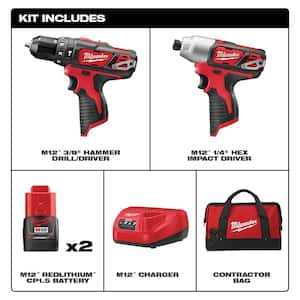 M12 12V Lithium-Ion Cordless Hammer Drill/Impact Driver Combo Kit (2-Tool) with (2) 1.5Ah Batteries, Charger & Bag
