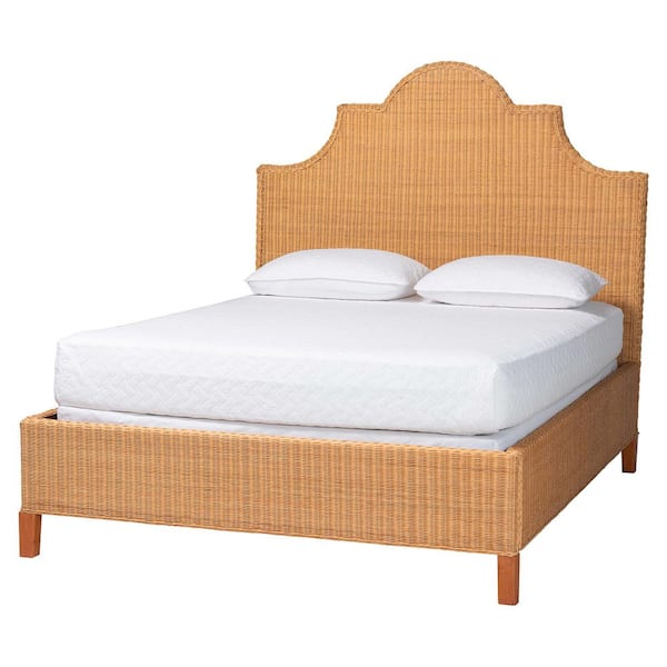 Melanie Light Honey Brown Rattan and Mahogany Wood Frame Queen Panel Bed