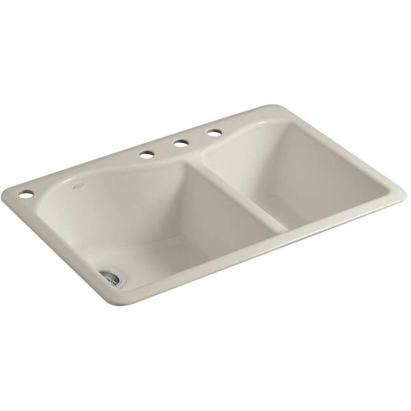 KOHLER Lawnfield Drop-In Cast Iron 33 in. 4-Hole Double Bowl Kitchen Sink in Sandbar