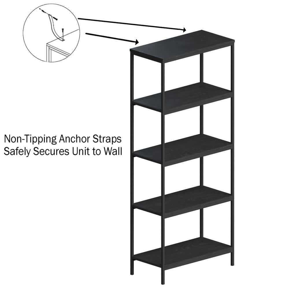 Industrial 59" Black Woodgrain 5-Tier Bookshelf for Chic Display