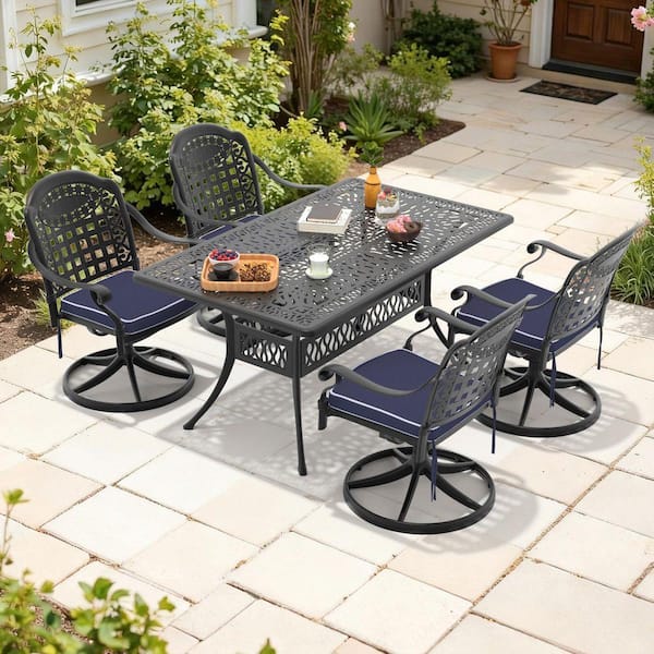 Black 5-Piece Cast Aluminum Outdoor Dining Set with 4 Swivel Rockers with Blue Cushions and Rectangular Table