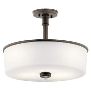 Joelson 3-Light LED Olde Bronze Transitional Shaded Kitchen Drum Convertible Pendant Hanging Light to Semi-Flush