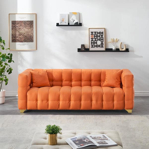 80 in. Wide Square Arm Faux Leather Rectangle Modern Upholstered Sofa in Orange
