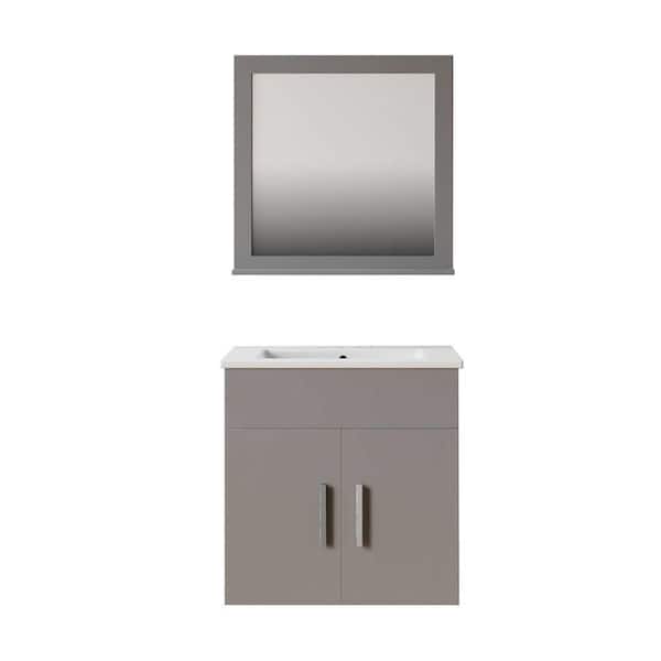 Mediterraneo Corsica 24in. W x 18in. D x 19.7in. H Single Sink Bath PVC in Gray with White Basin Top and Framed Mirror