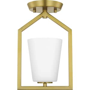 Vertex Collection 7.37 in. One-Light Brushed Gold Etched White Contemporary Semi-Flush Mount