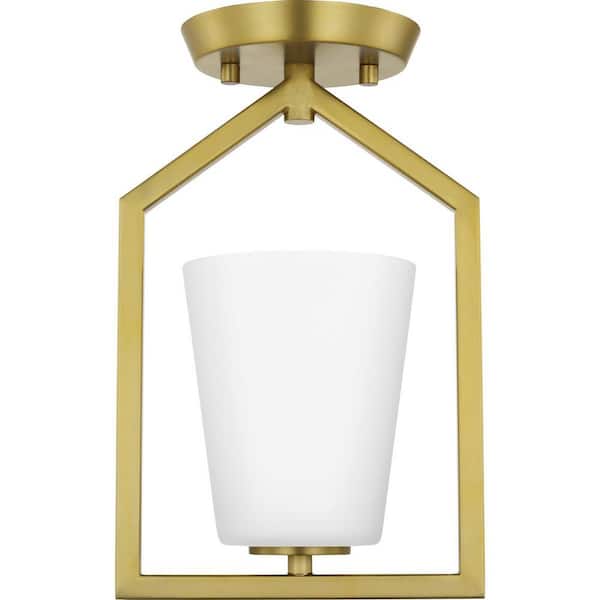 Progress Lighting Vertex Collection 7.37 in. One-Light Brushed Gold Etched White Contemporary Semi-Flush Mount