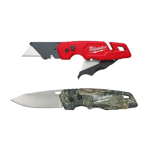 Milwaukee FASTBACK 1 in. Folding Knife with Blade Storage and FASTBACK Camo Stainless Steel Folding Knife (2-Pack)