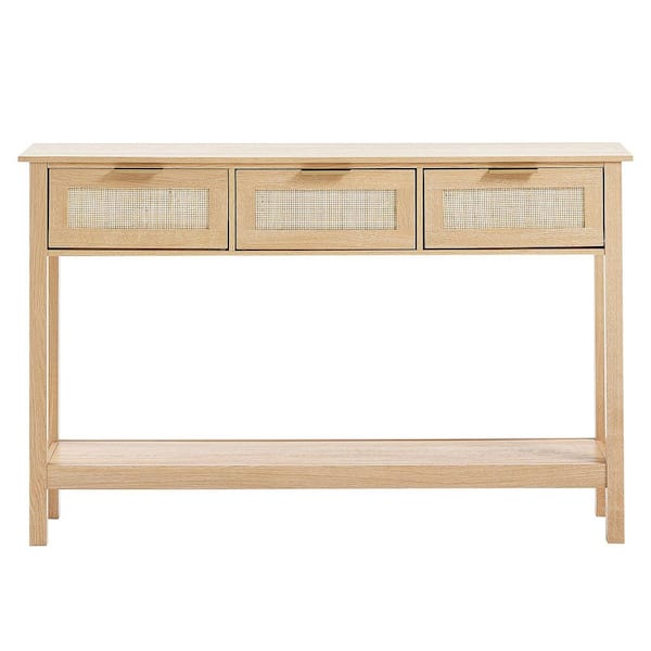 Rattan Console Table with 3 Storage Drawers, Rattan Entryway Table with Natural Rattan Sliding Door, Console Sofa Table