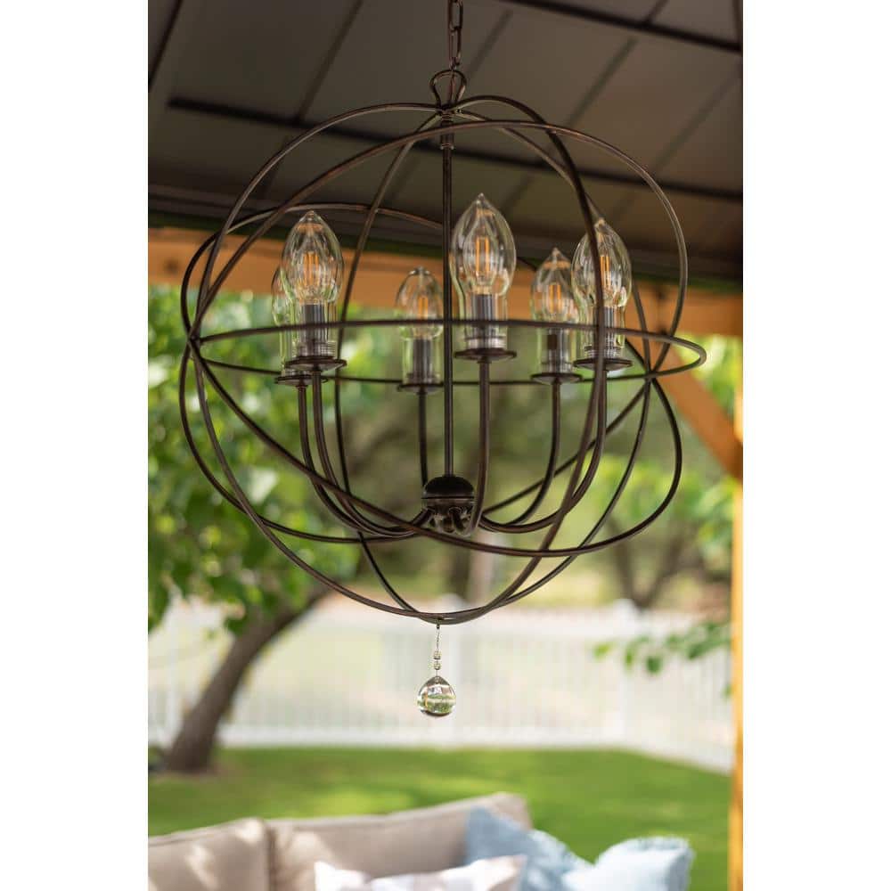 English Bronze 6-Light Outdoor Chandelier with Clear Glass Drops