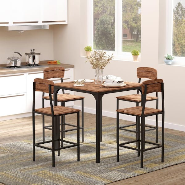 5-Piece Dining Room Table Set, Compact Wooden Kitchen Table and 4 Chairs  with Metal Legs Dinette Sets, Industrial Style Kitchen Table and Chairs for