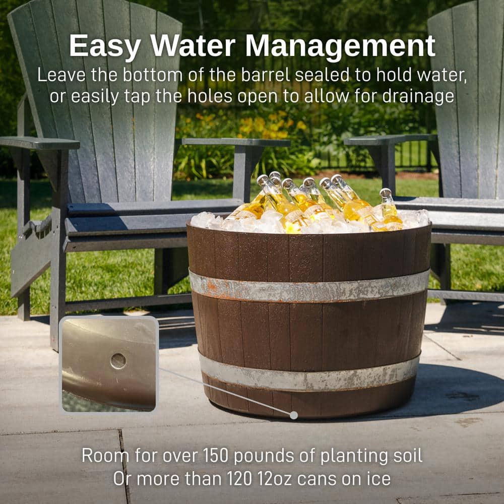 24" Brown Recycled Plastic Barrel Planters with Steel Bands, 2 Pack