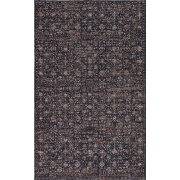 Petunia Distressed All-Over Floral Border Non-Slip Machine-Washable Rust/Charcoal 4 ft. x 6 ft. Area Rug