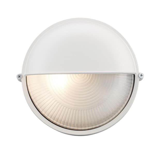 Bel Air Lighting Mesa II 7 in. 1-Light White Round Bulkhead Outdoor Wall Light Fixture with Ribbed Acrylic Shade