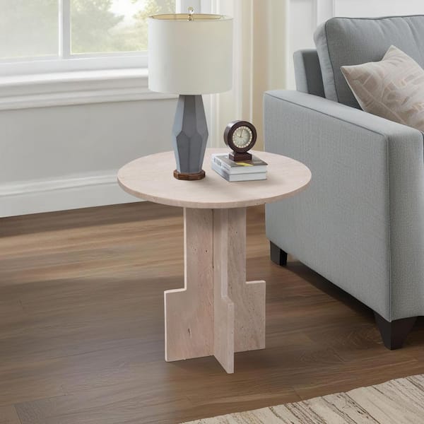 Liv & Skye 18 in. Tan Round Stone End Table
