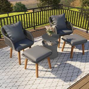 5-Piece Metal Frame Patio Conversation Set with Wicker Cool Bar Table, Ottomans and Gray Cushions