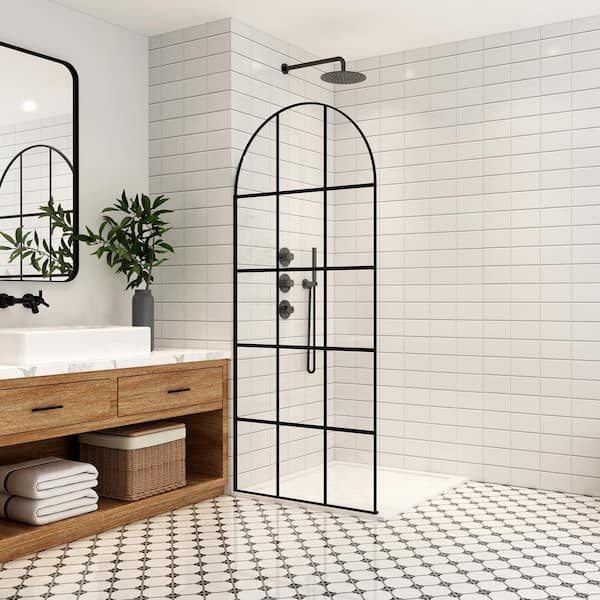 ROSWELL Aranaz 34 in. W x 78 in. H Fixed Single Panel Framed Shower Door in Matte Black with Clear Glass