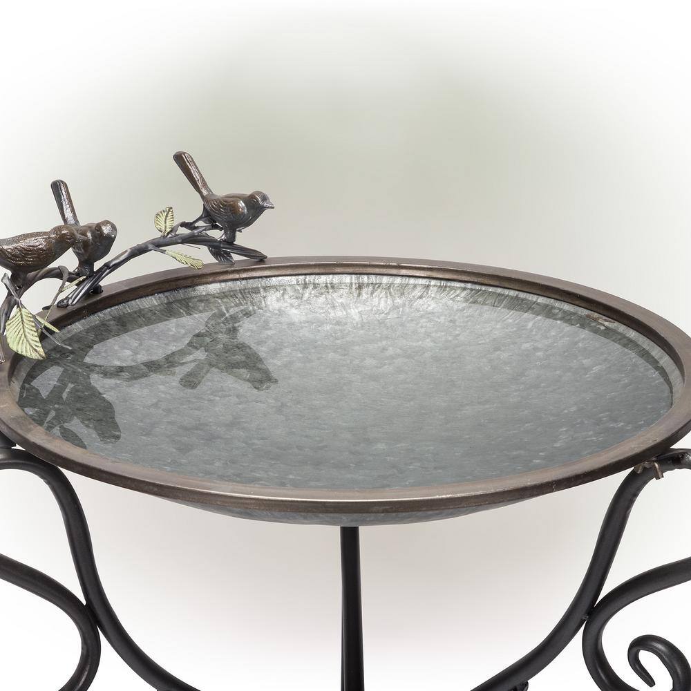 Silver Metal Birdbath with Stand and Bird Figurines