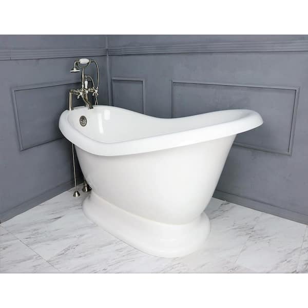 American Bath Factory 60 in. AcraStone Acrylic Slipper Pedestal Flatbottom Non-Whirlpool Bathtub and Faucet in Satin Nickel