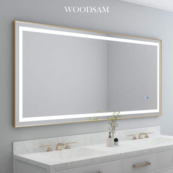 WOODSAM 72 in. W x 32 in. H Rectangular Aluminum Framed Anti-Fog LED Lighted Wall Bathroom Vanity Mirror in Brushed Gold
